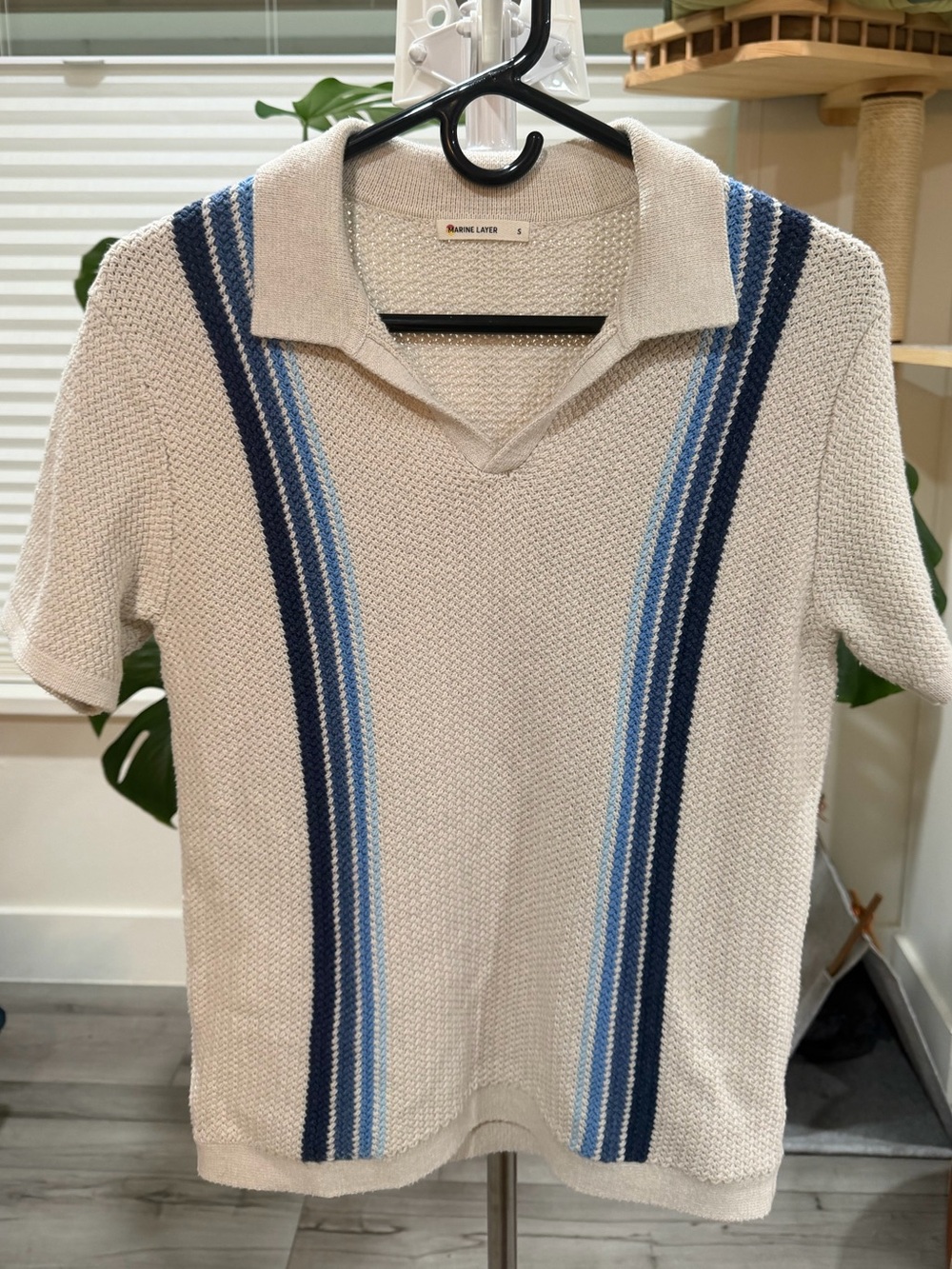 Marine Layer Conrad Sweater Polo Cream Knit Polo with Blue Stripe Accents - Picture 3 of 9